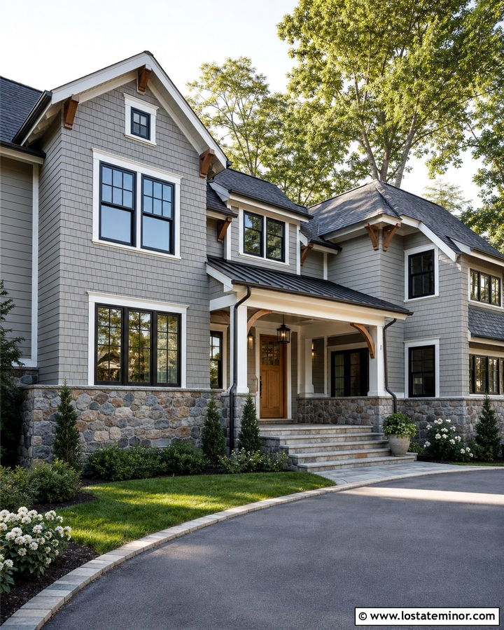 Fieldstone House With Gray Cedar Shakes - 30 Stone House Design With Cedar Shake Ideas