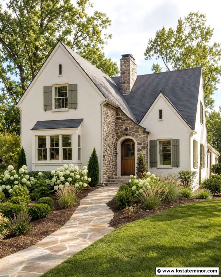Fieldstone House With Sage Green Shutters - 30 Stone House Design With Shutters Ideas