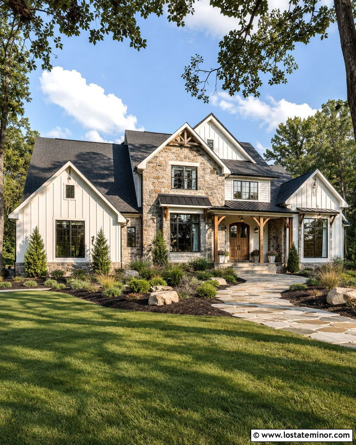 Fieldstone House With White Board And Batten - 30 Stone House Design With Accents Ideas