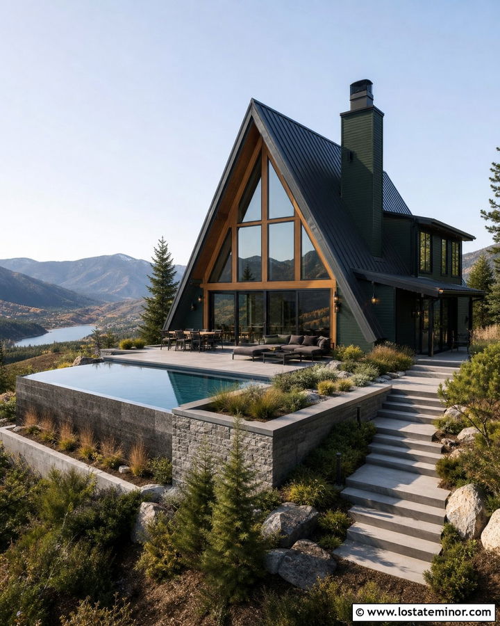 Forest Green A Frame House With Hillside Pool - 30 Forest Green House Design With Swimming Pool Ideas