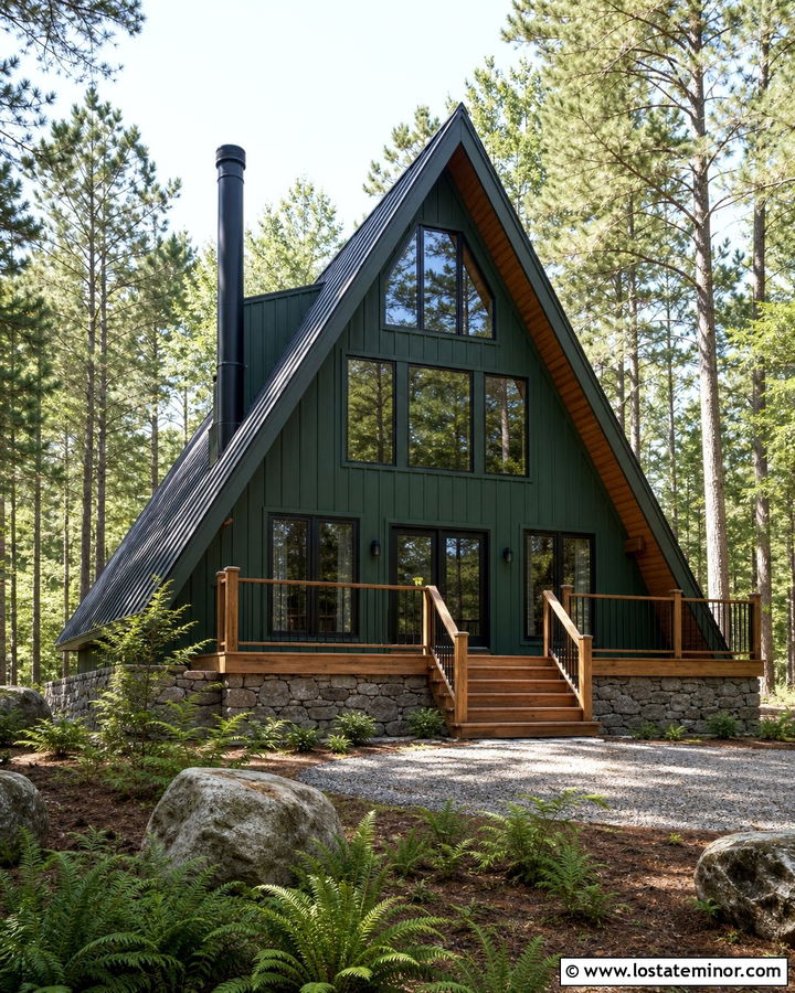 Forest Green A Frame With Black Metal Chimney - 30 Forest Green House Design With Chimney Ideas