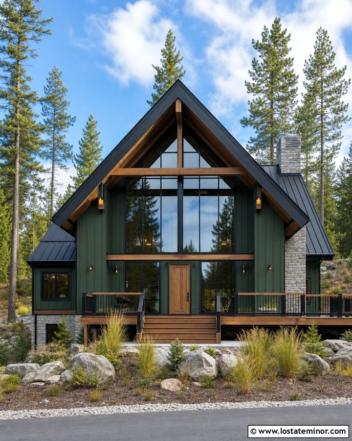 Forest Green A Frame With Black Window Frames - 30 Forest Green House Design With Window Frames Ideas