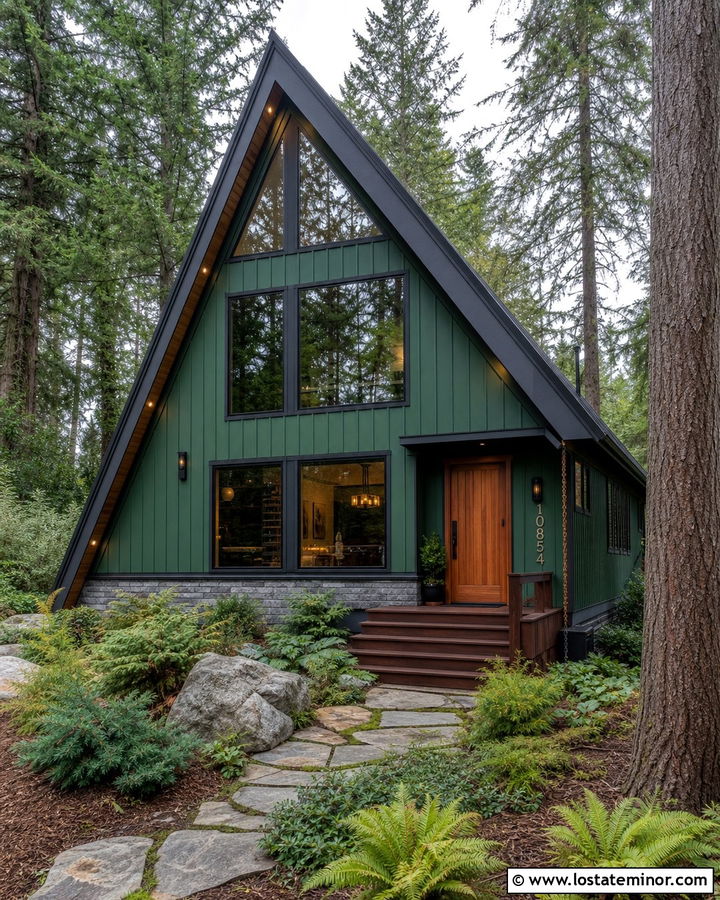 Forest Green A Frame With Evergreen Planting - 30 Forest Green House Design With Front Yard Ideas