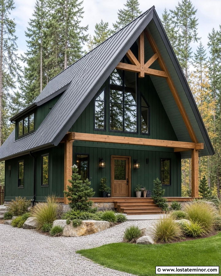 Forest Green A Frame With Muted Teal Porch Ceiling - 30 Forest Green House Design With Porch Ceiling Ideas