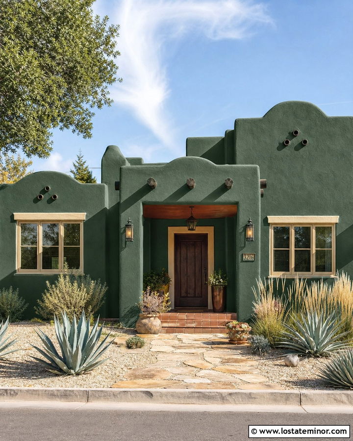 Forest Green Adobe House With Terracotta Porch Ceiling - 30 Forest Green House Design With Porch Ceiling Ideas