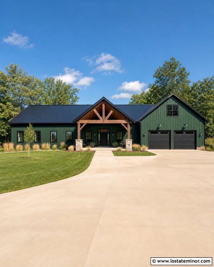 Forest Green Barndominium With Gabled Entry - 30 Forest Green House Design With Gables Ideas