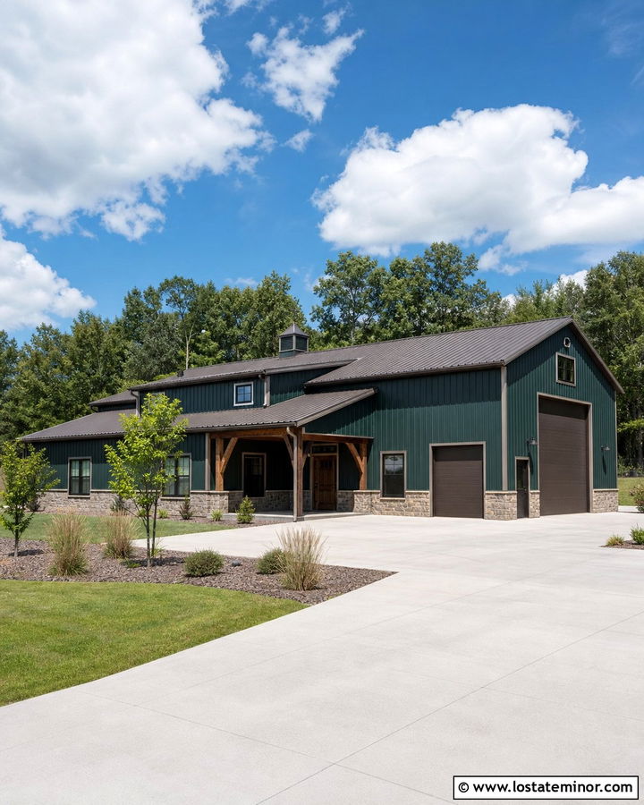 Forest Green Barndominium With Stone Wainscot - 30 Forest Green House Design With Stone Accents Ideas