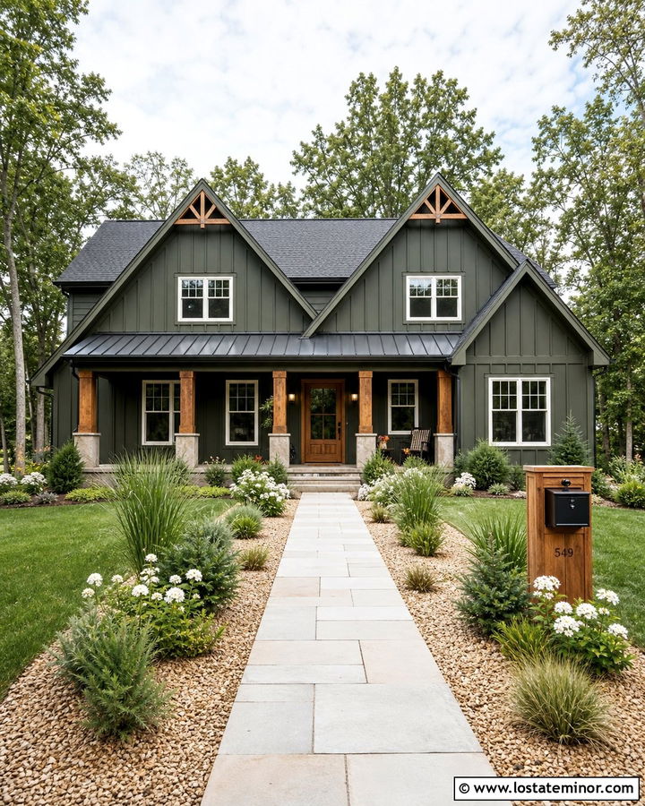 Forest Green Board And Batten House With Cedar Accents - 30 Forest Green House Design With Front Yard Ideas