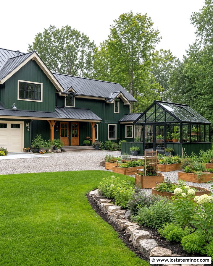 Forest Green Board And Batten House With Greenhouse - 30 Forest Green House Design With Backyard Ideas