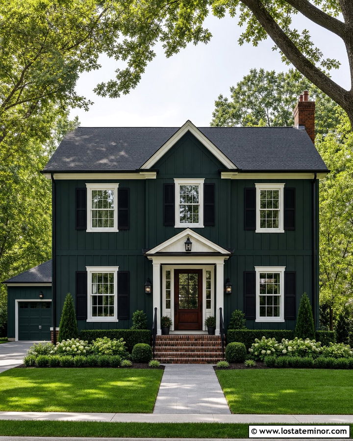 Forest Green Board and Batten With Black Shutters - 30 Forest Green House Design With Board and Batten Ideas