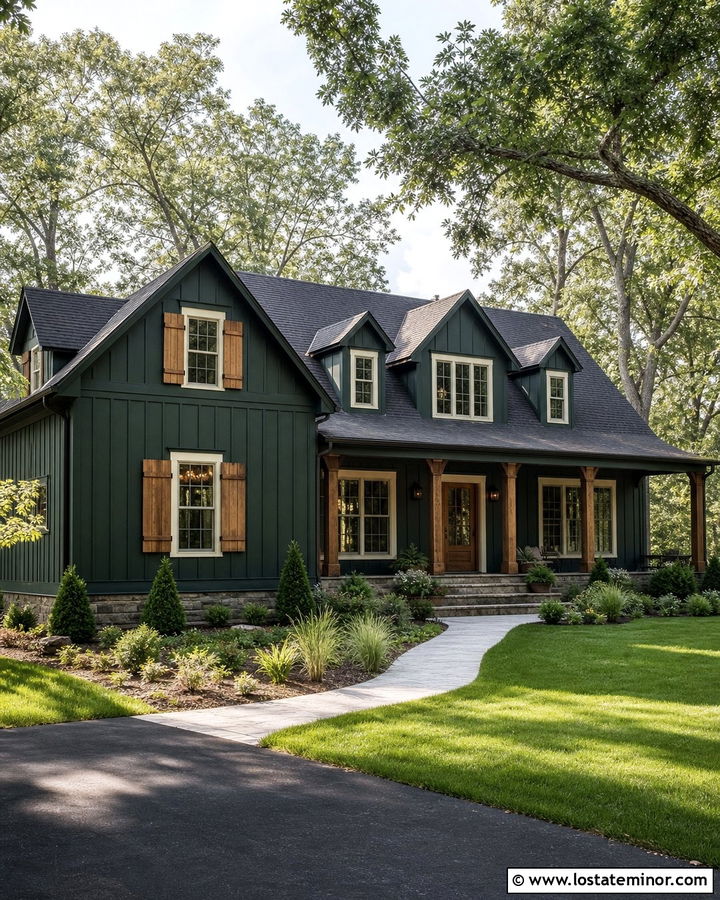 Forest Green Board and Batten With Cedar Shutters - 30 Forest Green House Design With Board and Batten Ideas