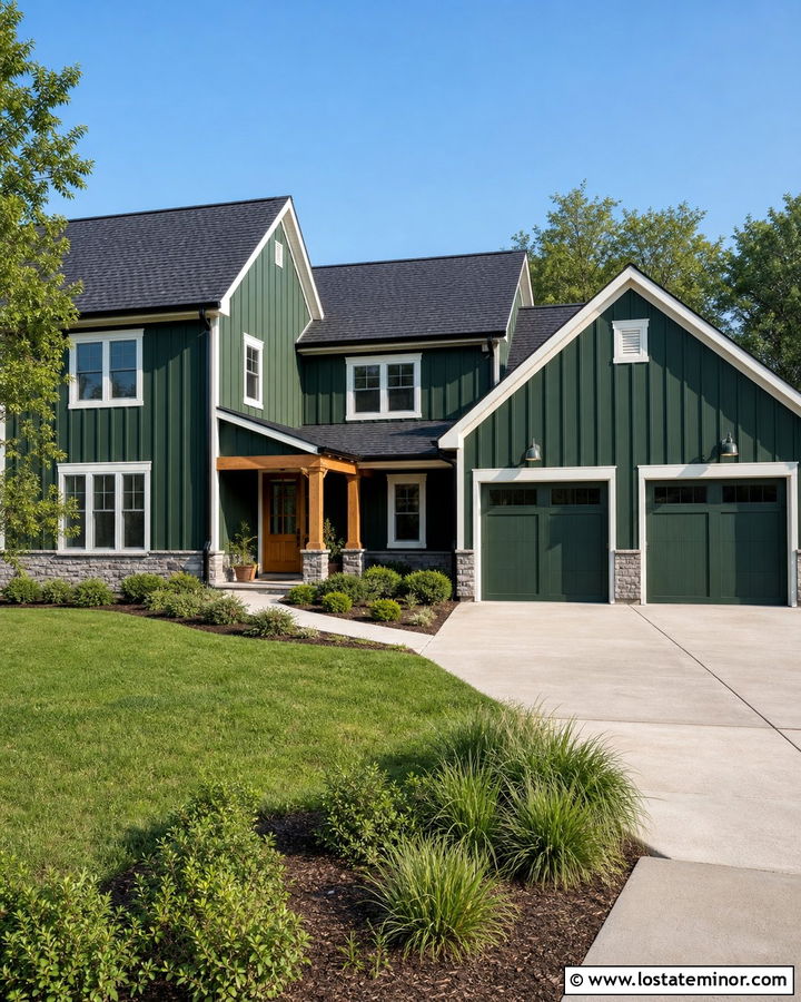 Forest Green Board and Batten With Charcoal Roof - 30 Forest Green House Design With Board and Batten Ideas
