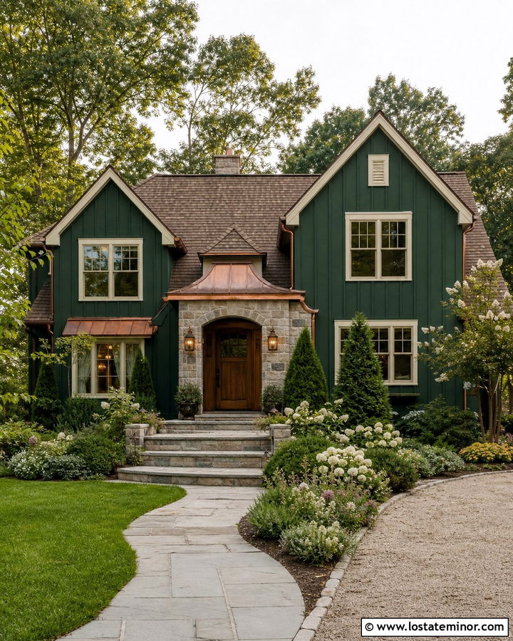 Forest Green Board and Batten With Copper Accents - 30 Forest Green House Design With Board and Batten Ideas