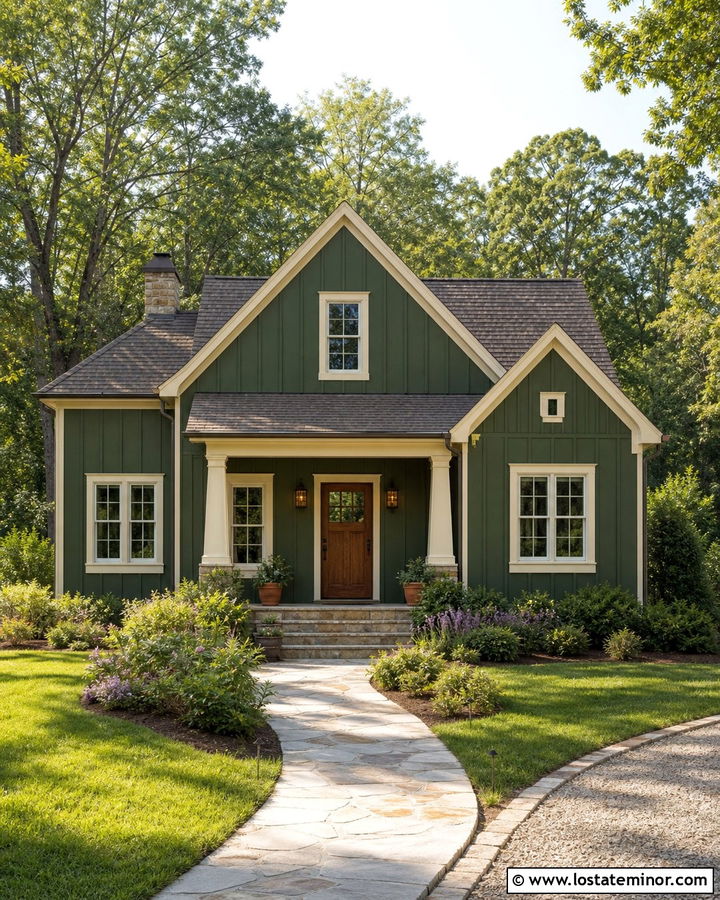 Forest Green Board and Batten With Cream Trim - 30 Forest Green House Design With Board and Batten Ideas