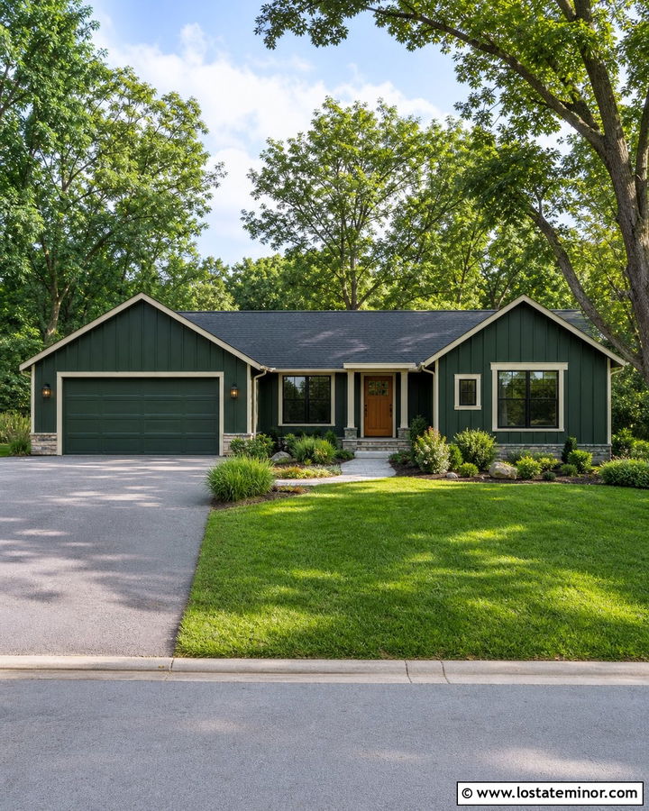 Forest Green Board and Batten With Matching Garage - 30 Forest Green House Design With Board and Batten Ideas