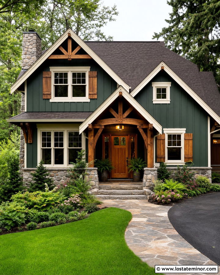 Forest Green Board and Batten With Natural Wood - 30 Forest Green House Design With Board and Batten Ideas