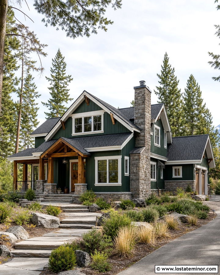 Forest Green Board and Batten With Stone - 30 Forest Green House Design With Board and Batten Ideas