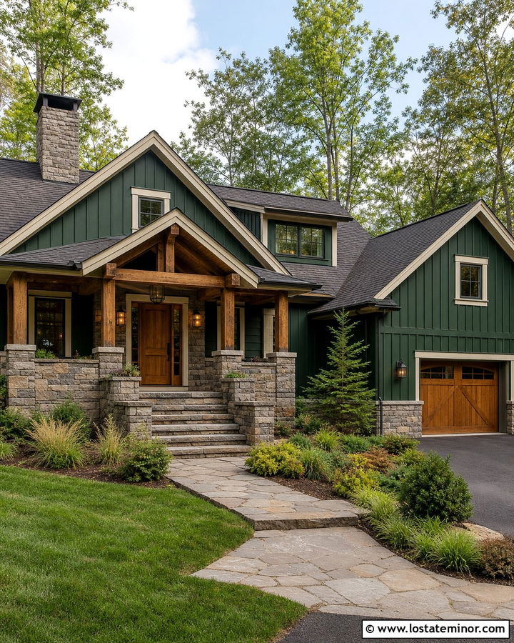 Forest Green Board and Batten With Stone Porch - 30 Forest Green House Design With Board and Batten Ideas