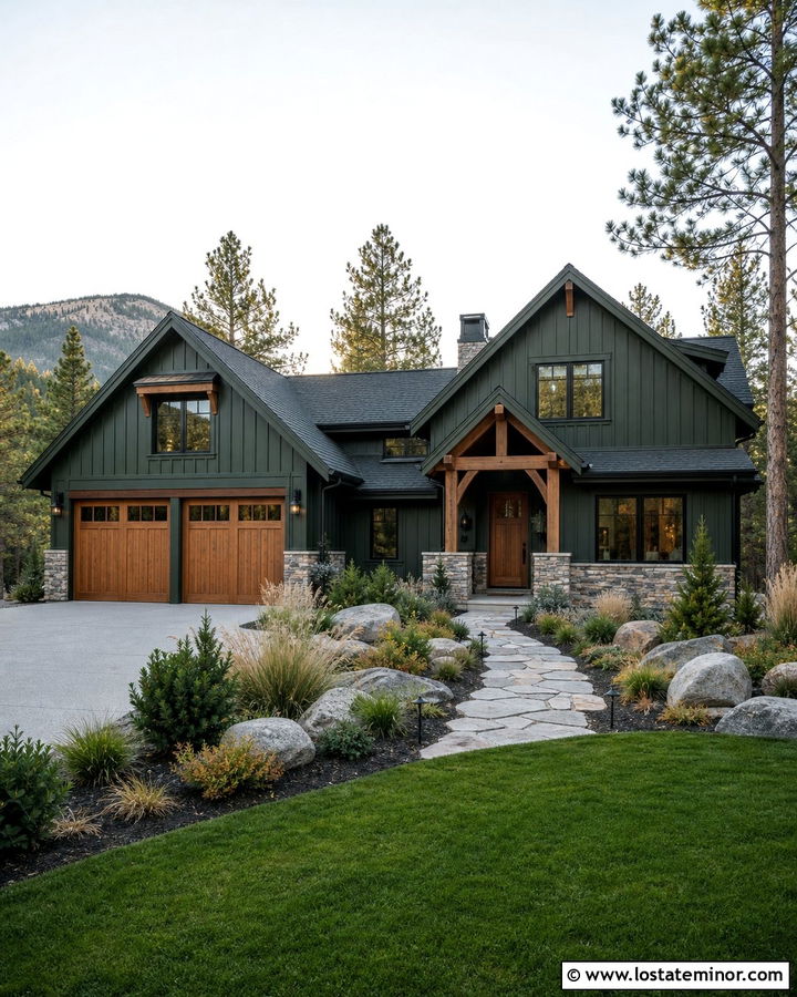 Forest Green Board and Batten With Wood Garage Doors - 30 Forest Green House Design With Board and Batten Ideas