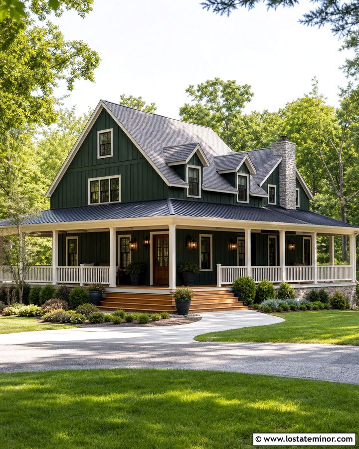 Forest Green Board and Batten With Wraparound Porch - 30 Forest Green House Design With Board and Batten Ideas