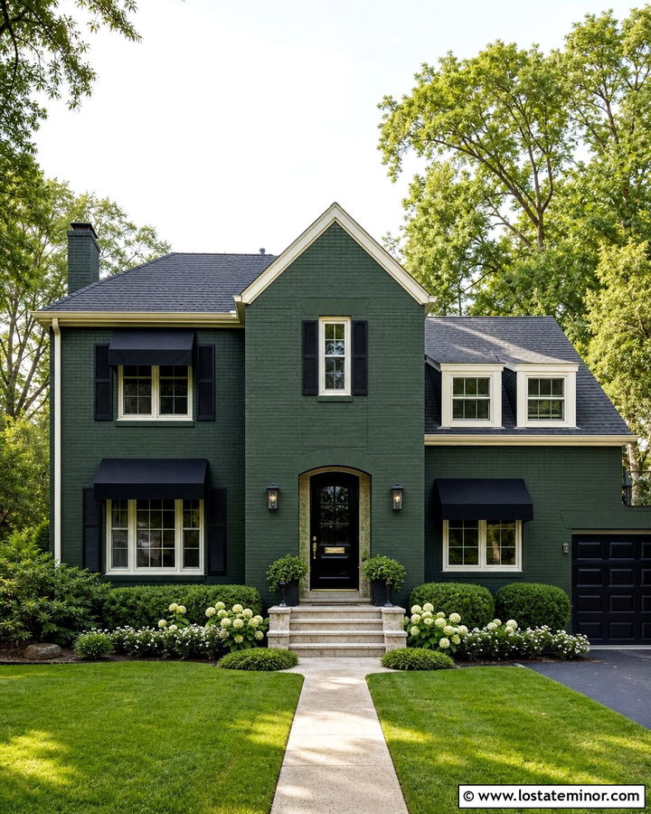 Forest Green Brick House With Black Fabric Awnings - 30 Forest Green House Design With Awning Ideas