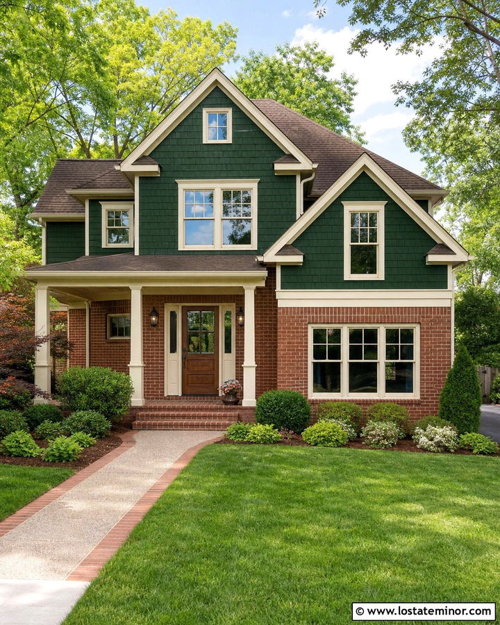 Forest Green Brick House With Cream Window Frames - 30 Forest Green House Design With Window Frames Ideas
