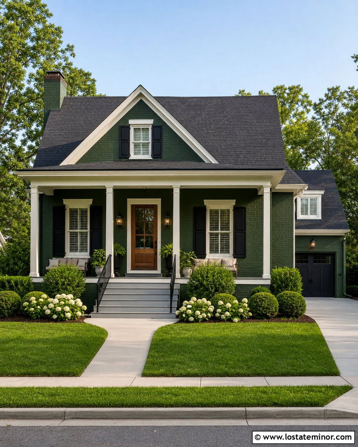Forest Green Brick House With Stone Gray Porch Ceiling - 30 Forest Green House Design With Porch Ceiling Ideas