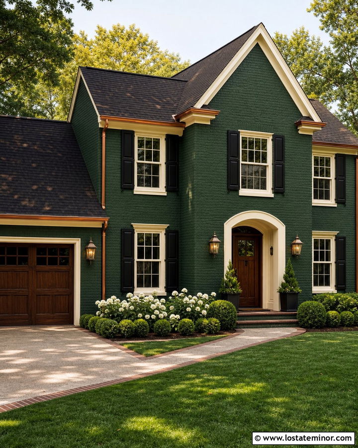 Forest Green Brick House With Traditional Lanterns - 30 Forest Green House Design With Light Fixtures Ideas