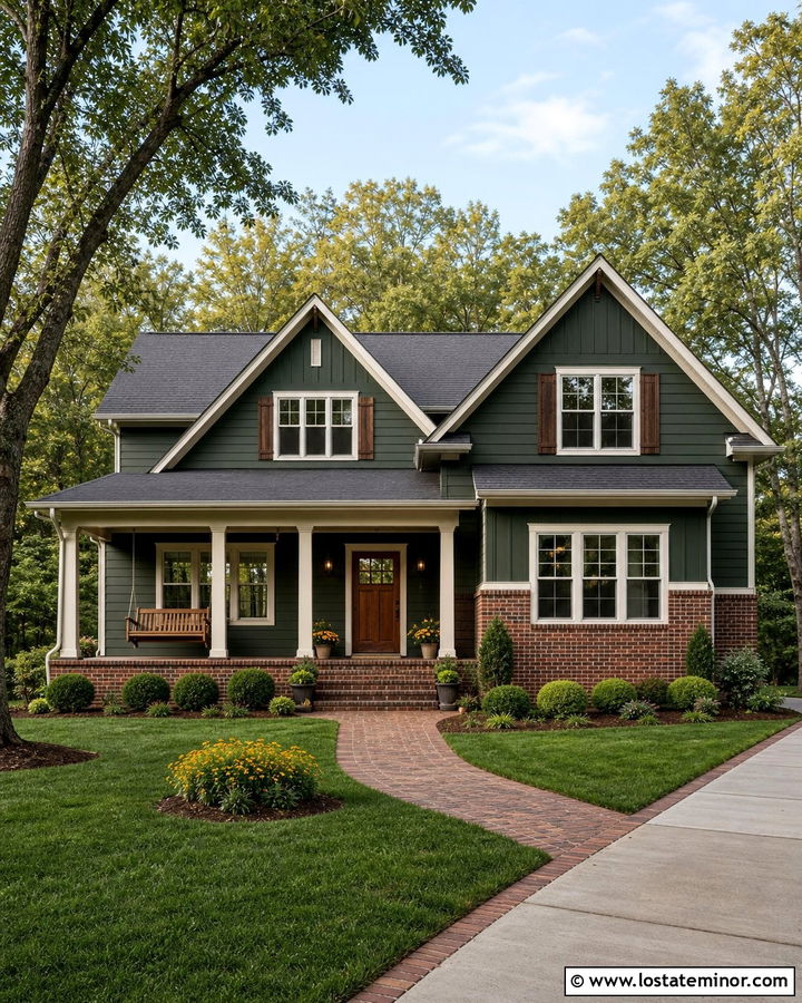 Forest Green Brick House With Wood Swing - 30 Forest Green House Design With Swing Ideas