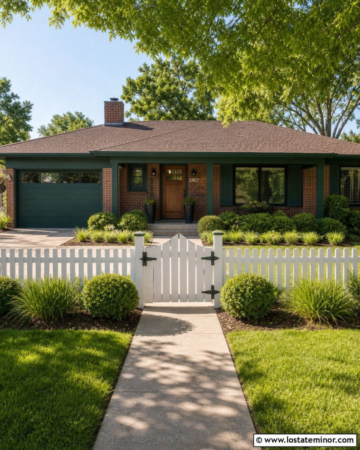 Forest Green Brick Ranch With Low White Fence - 30 Forest Green House Design With Fence Ideas
