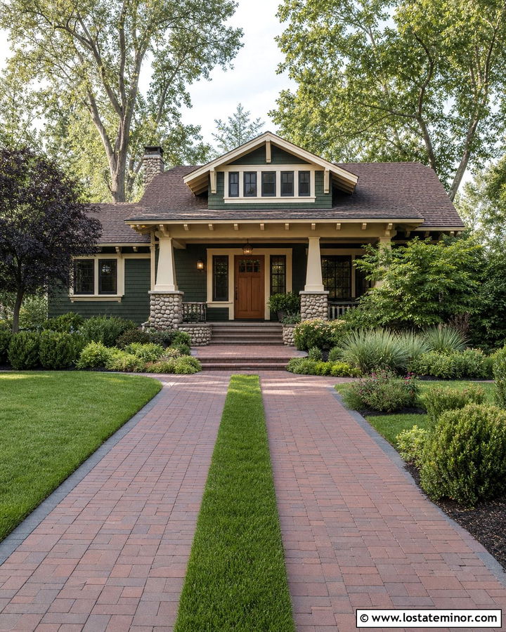 Forest Green Bungalow With Brick Ribbon Driveway - 30 Forest Green House Design With Driveway Ideas