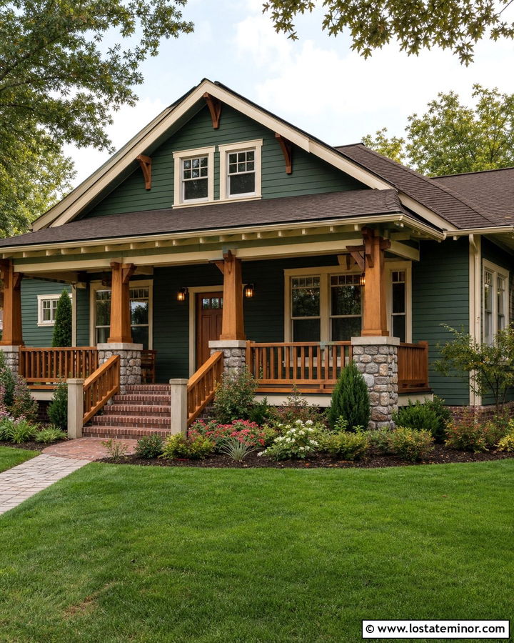 Forest Green Bungalow With Cedar Porch Railings - 30 Forest Green House Design With Railings Ideas