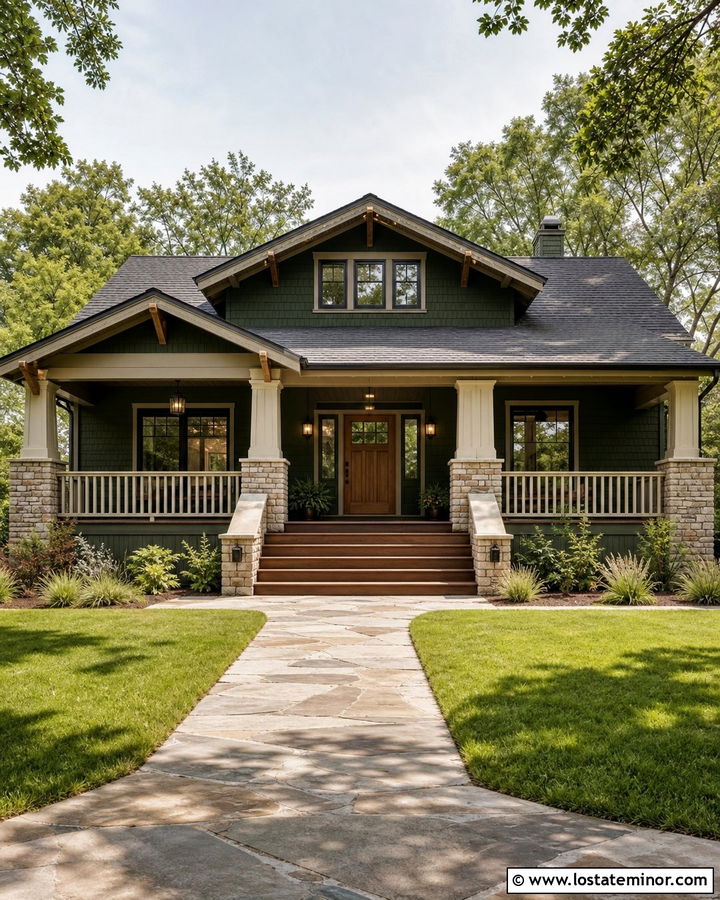 Forest Green Bungalow With Chunky Square Columns - 30 Forest Green House Design With Porch Columns Ideas