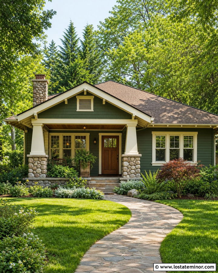 Forest Green Bungalow With Cobblestone - 30 Forest Green House Design With Stone Accents Ideas