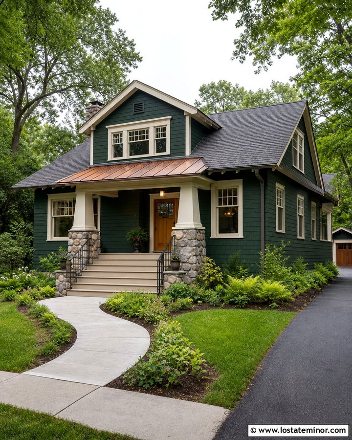 Forest Green Bungalow With Copper Entry Awning - 30 Forest Green House Design With Awning Ideas