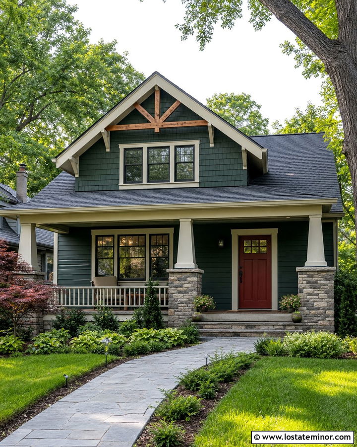 Forest Green Bungalow With Decorative Gable Trim - 30 Forest Green House Design With Gables Ideas