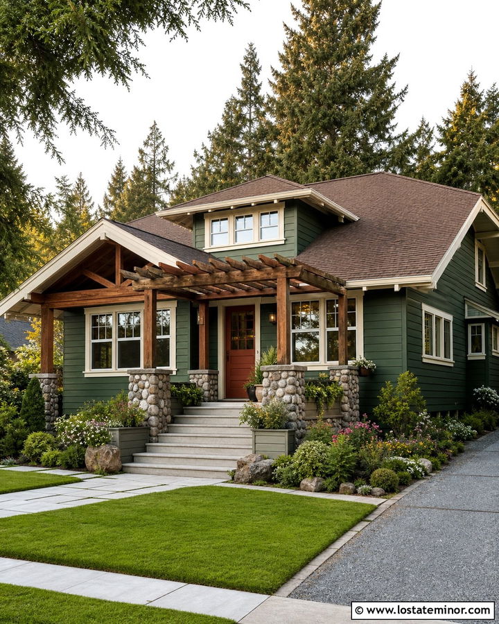 Forest Green Bungalow With Front Pergola - 30 Forest Green House Design With Pergola Ideas