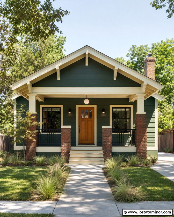 Forest Green Bungalow With Globe Porch Lighting - 30 Forest Green House Design With Lighting Ideas