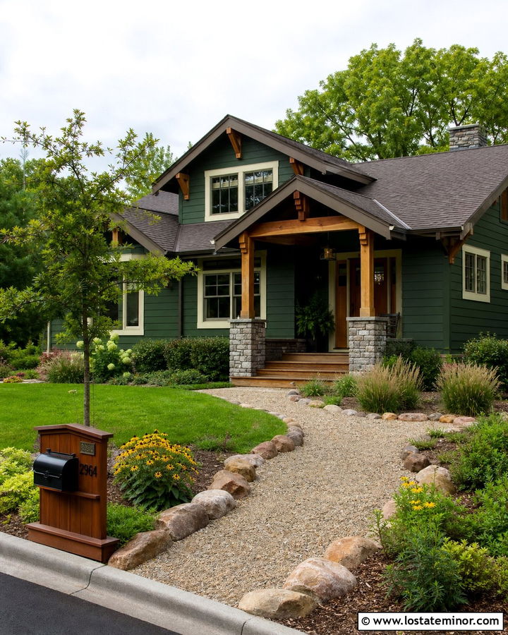 Forest Green Bungalow With Gravel Path - 30 Forest Green House Design With Front Yard Ideas