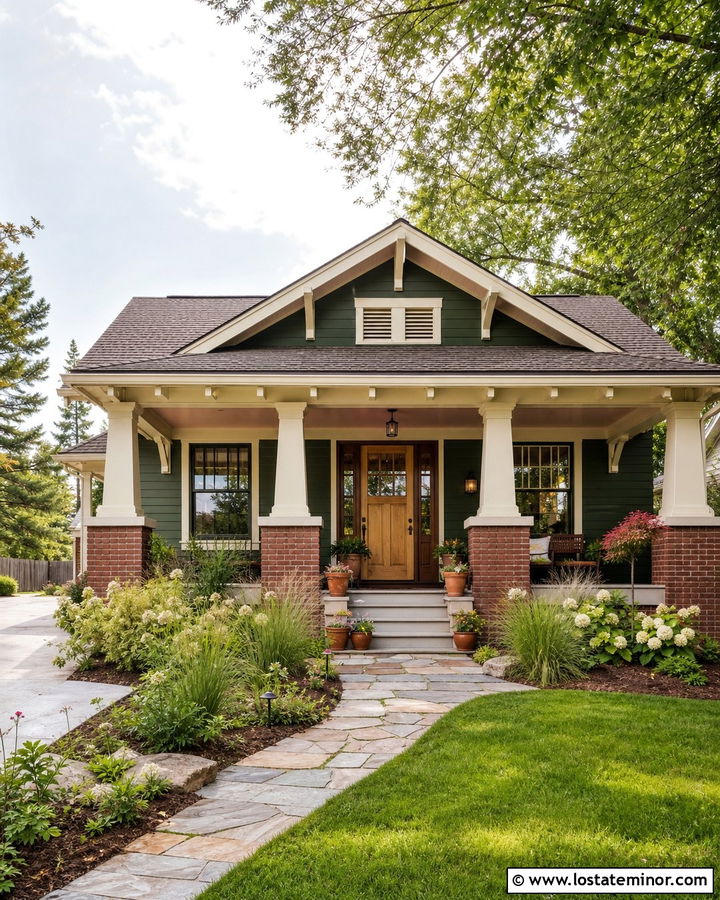 Forest Green Bungalow With Muted Blush Porch Ceiling - 30 Forest Green House Design With Porch Ceiling Ideas