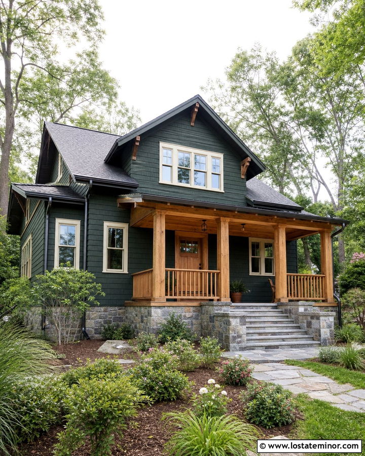 Forest Green Bungalow With Natural Wood Porch - 30 Forest Green House Design With Front Porch Ideas
