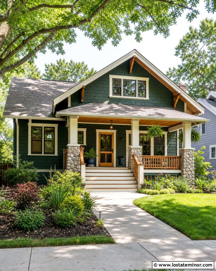 Forest Green Bungalow With Natural Wood Screen Door - 30 Forest Green House Design With Screen Door Ideas