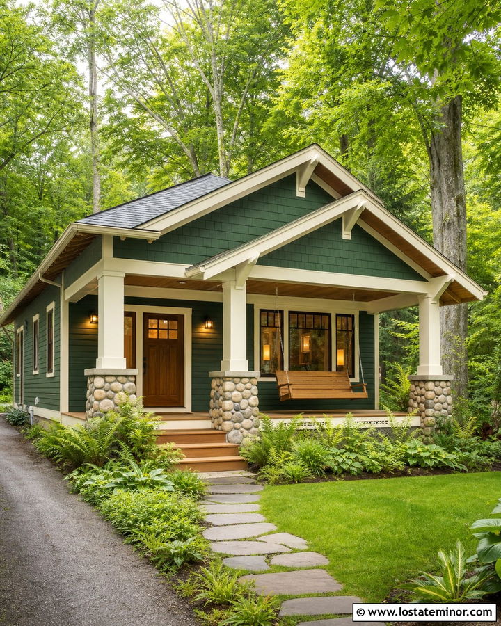 Forest Green Bungalow With Natural Wood Swing - 30 Forest Green House Design With Swing Ideas