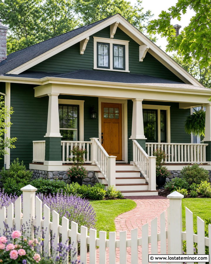 Forest Green Bungalow With Scalloped Picket Fence - 30 Forest Green House Design With Fence Ideas