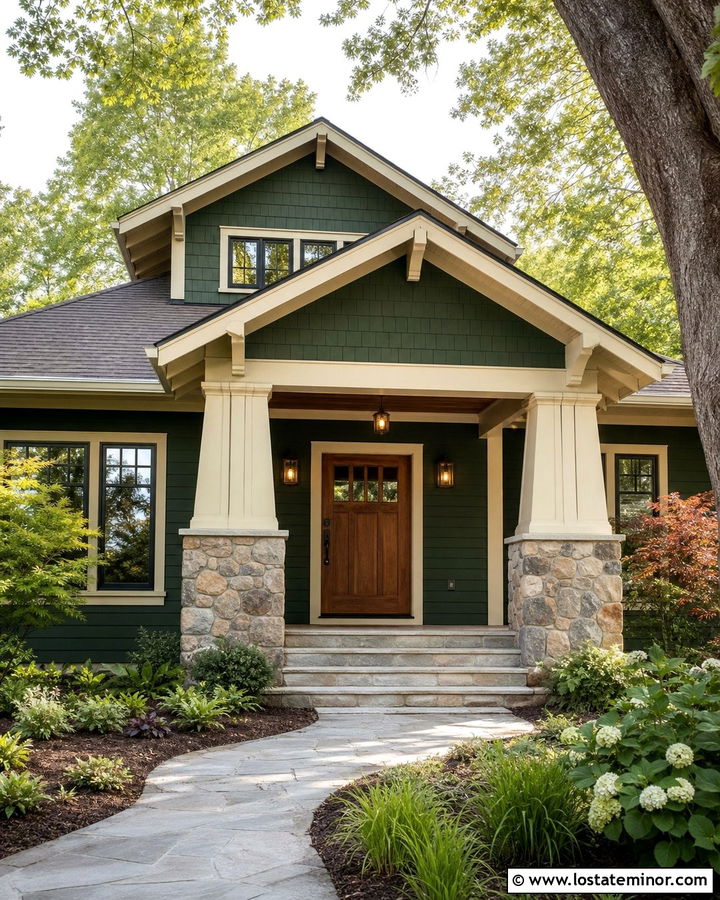 Forest Green Bungalow With Stone Column Portico - 30 Forest Green House Design With Portico Ideas