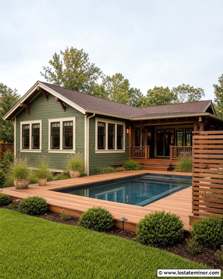 Forest Green Bungalow With Wood Pool Deck - 30 Forest Green House Design With Swimming Pool Ideas