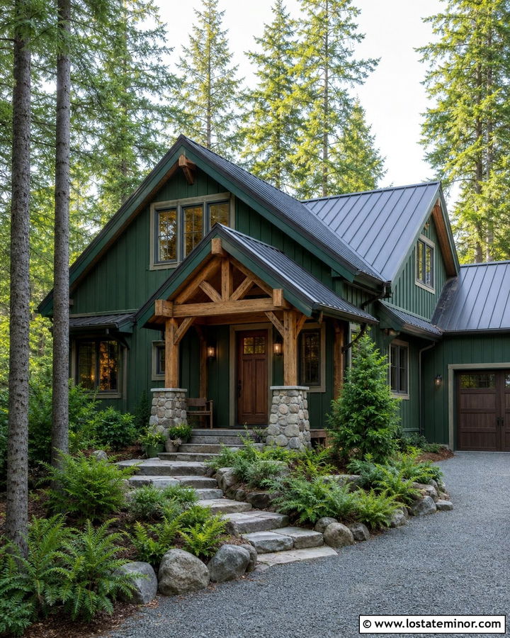 Forest Green Cabin House With Bronze Storm Door - 30 Forest Green House Design With Storm Door Ideas