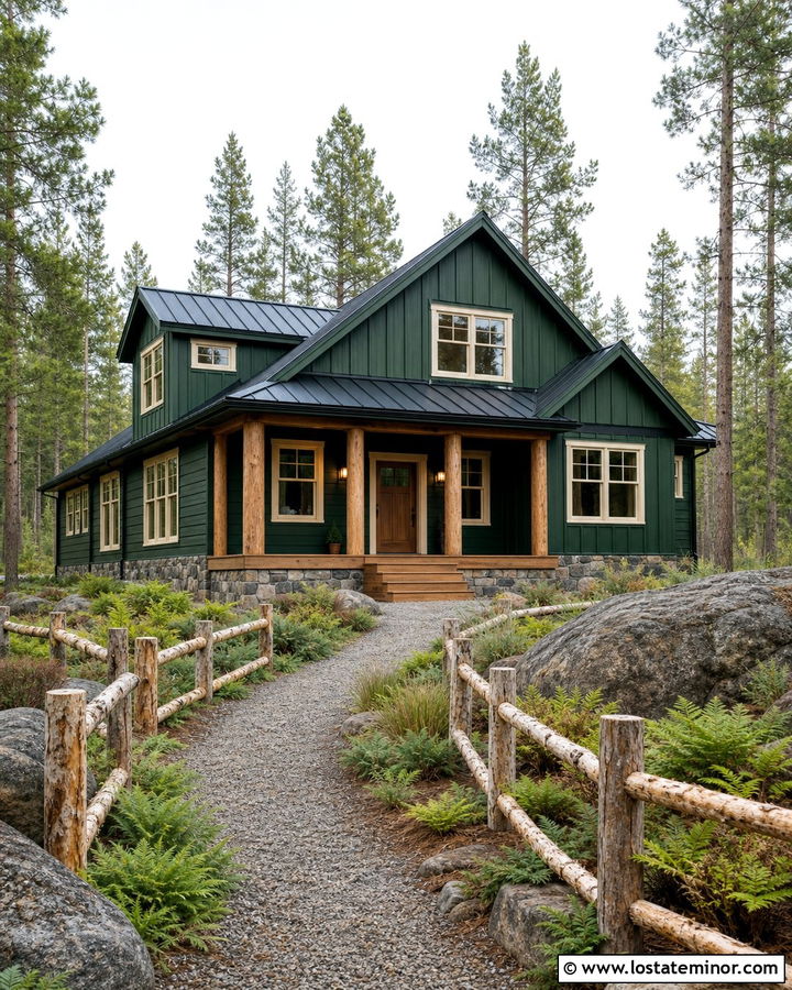 Forest Green Cabin House With Rustic Log Fence - 30 Forest Green House Design With Fence Ideas