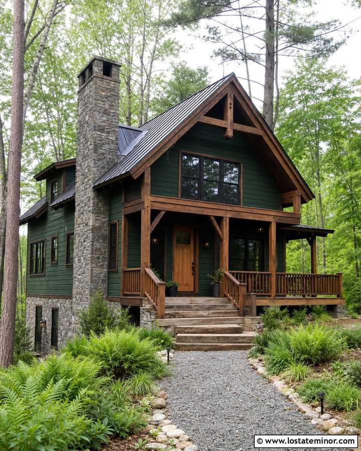 Forest Green Cabin House With Timber Steps - 30 Forest Green House Design With Steps Ideas