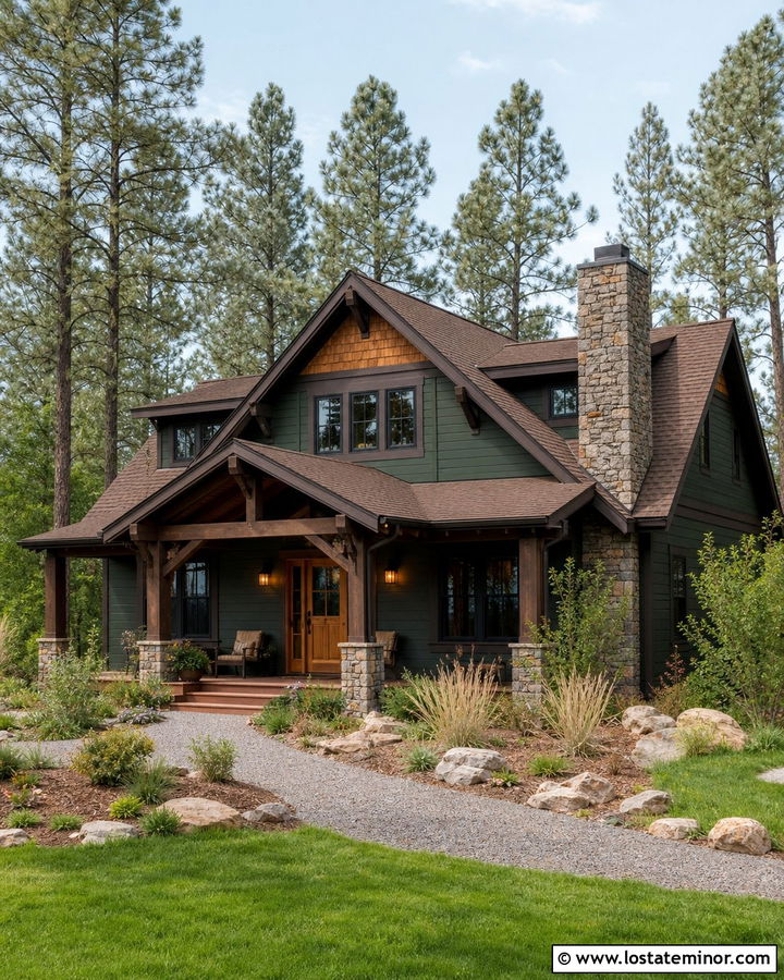 Forest Green Cabin With Brown Roof Shingles - 30 Forest Green House Design With Shingles Ideas